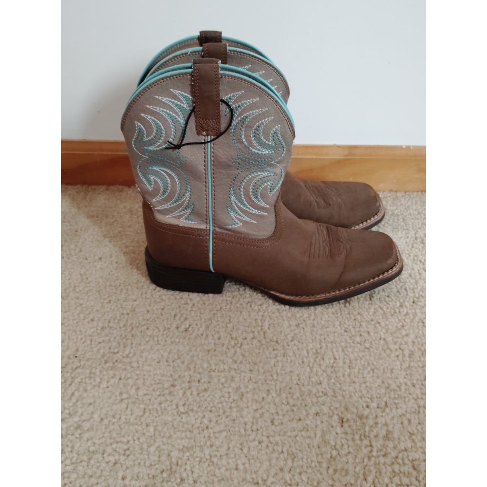Ariat Women's 5.5 Brown Teal Embroidered Square Toe Western Cowboy Boots EUC‎